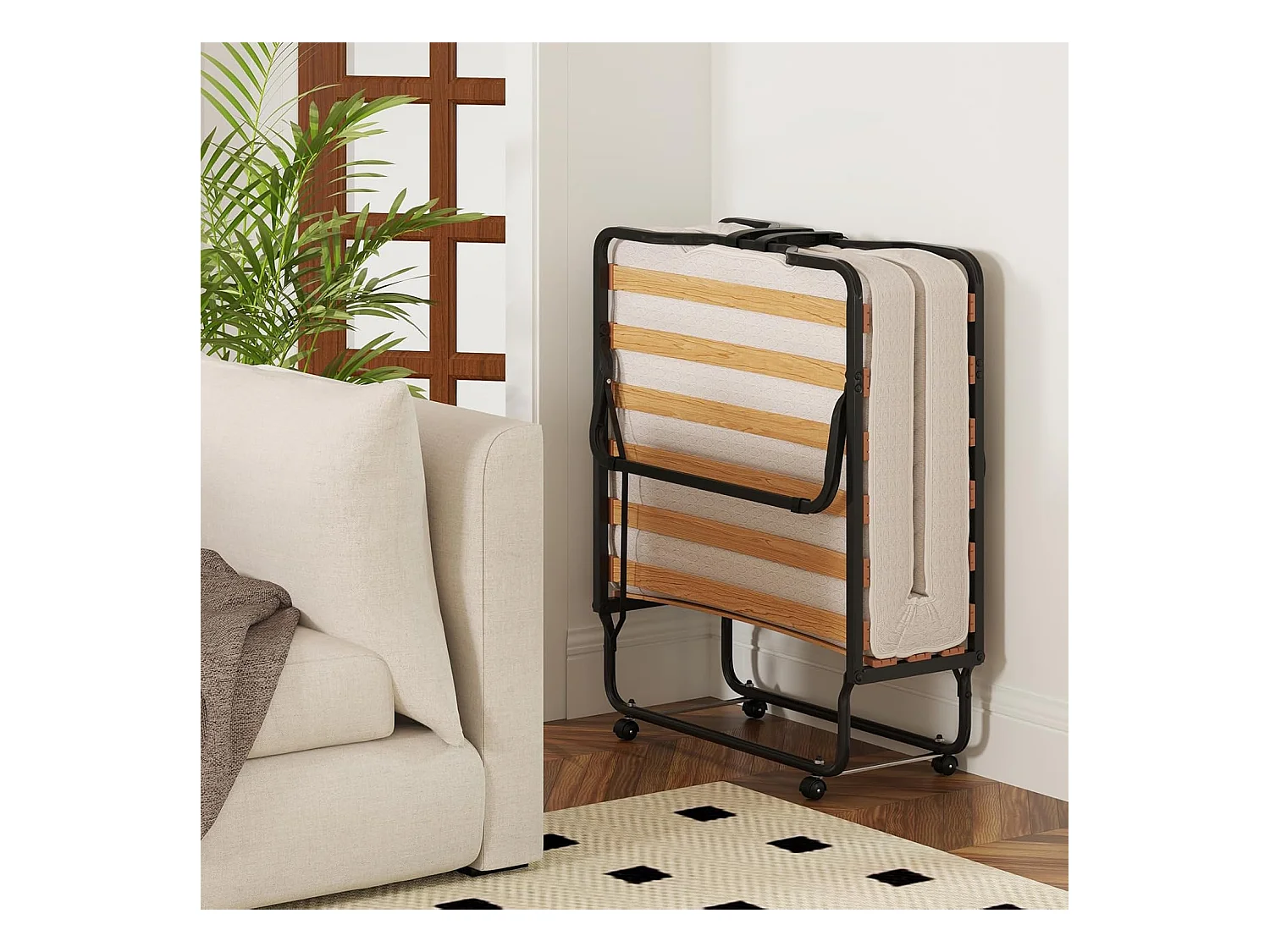 Gastenbed, 80 x 200 cm, inklapbaar logeerbed met matras van traagschuim, speciale textuur,tot 120 kg, metalen bed op wielen, voor logeerkamer, kantoor, beige