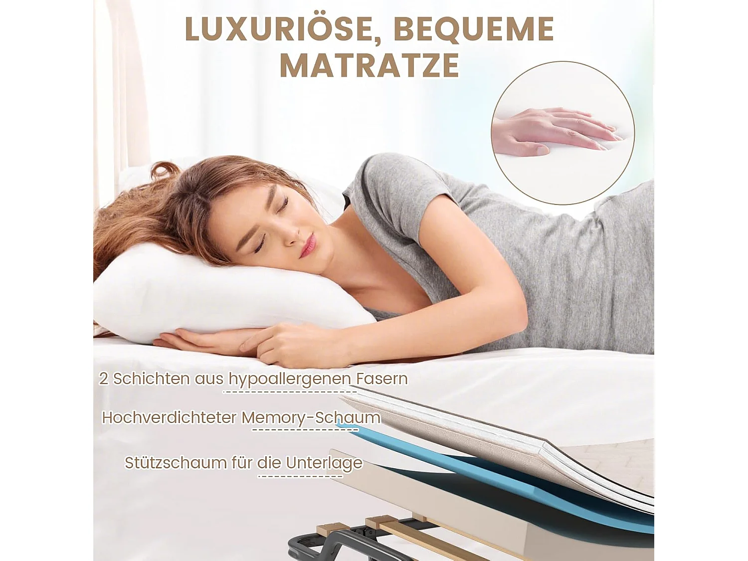 Gastenbed, 80 x 200 cm, inklapbaar logeerbed met matras van traagschuim, speciale textuur,tot 120 kg, metalen bed op wielen, voor logeerkamer, kantoor, beige