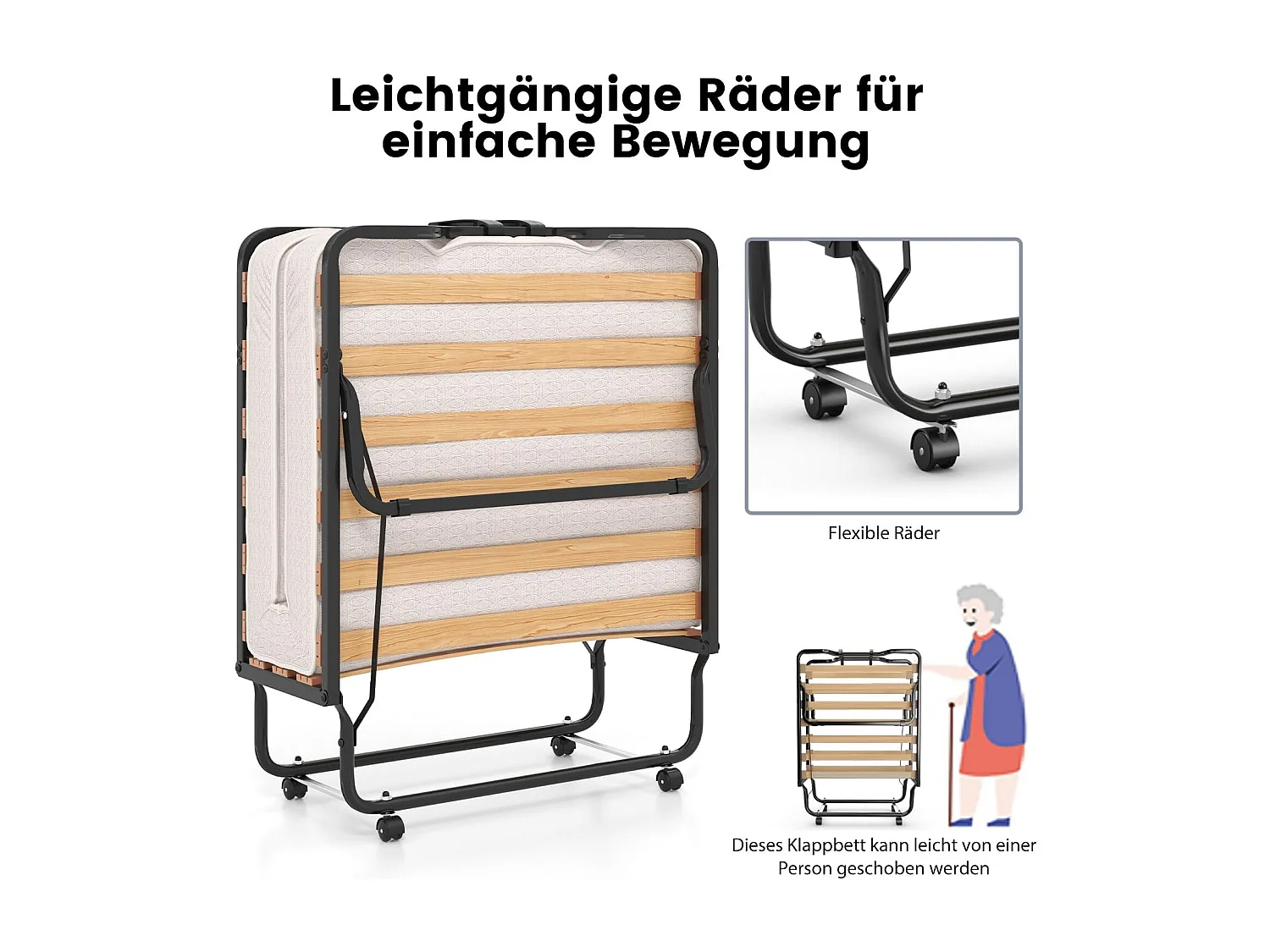 Gastenbed, 80 x 200 cm, inklapbaar logeerbed met matras van traagschuim, speciale textuur,tot 120 kg, metalen bed op wielen, voor logeerkamer, kantoor, beige