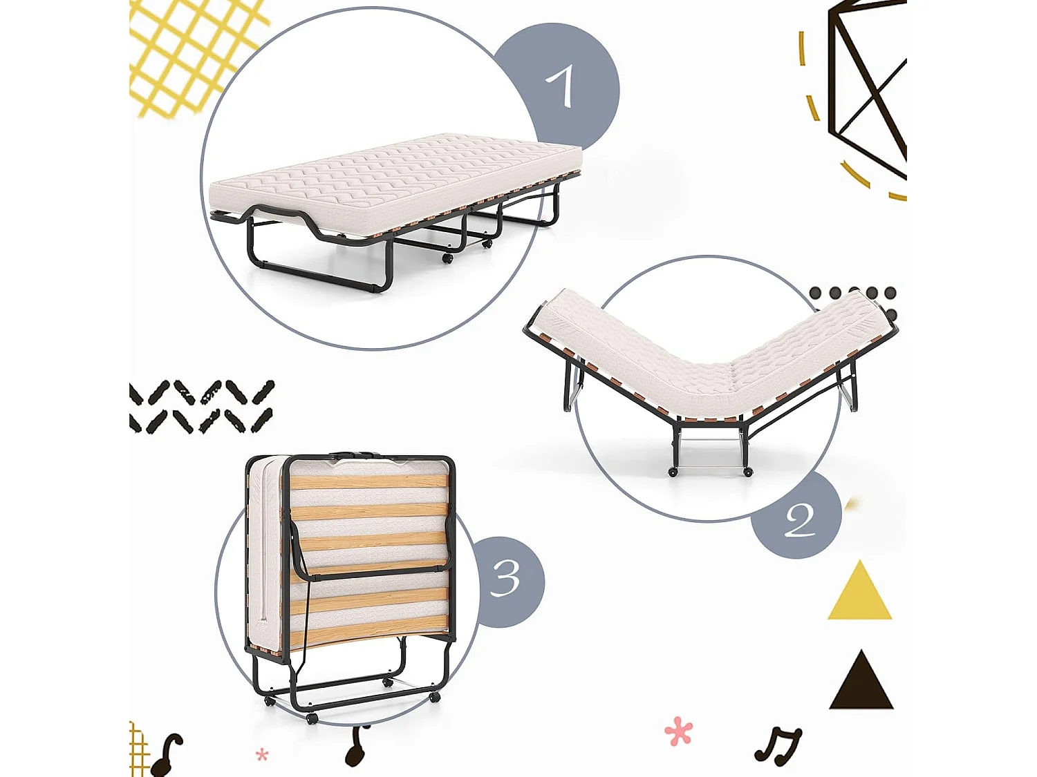 Gastenbed, 80 x 200 cm, inklapbaar logeerbed met matras van traagschuim, speciale textuur,tot 120 kg, metalen bed op wielen, voor logeerkamer, kantoor, beige