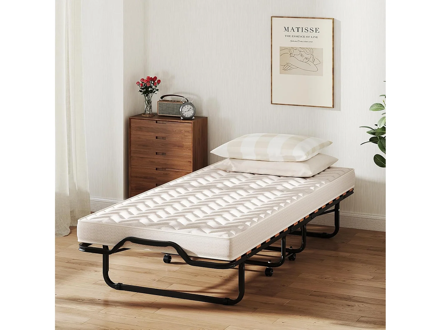 Gastenbed, 80 x 200 cm, inklapbaar logeerbed met matras van traagschuim, speciale textuur,tot 120 kg, metalen bed op wielen, voor logeerkamer, kantoor, beige