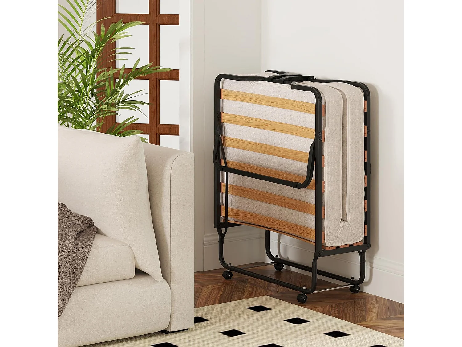 Gastenbed, 80 x 200 cm, inklapbaar logeerbed met matras van traagschuim, speciale textuur,tot 120 kg, metalen bed op wielen, voor logeerkamer, kantoor, beige