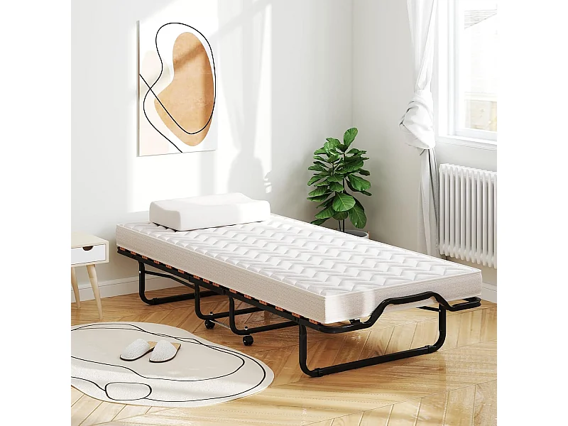 Gastenbed, 80 x 200 cm, inklapbaar logeerbed met matras van traagschuim, speciale textuur,tot 120 kg, metalen bed op wielen, voor logeerkamer, kantoor, beige