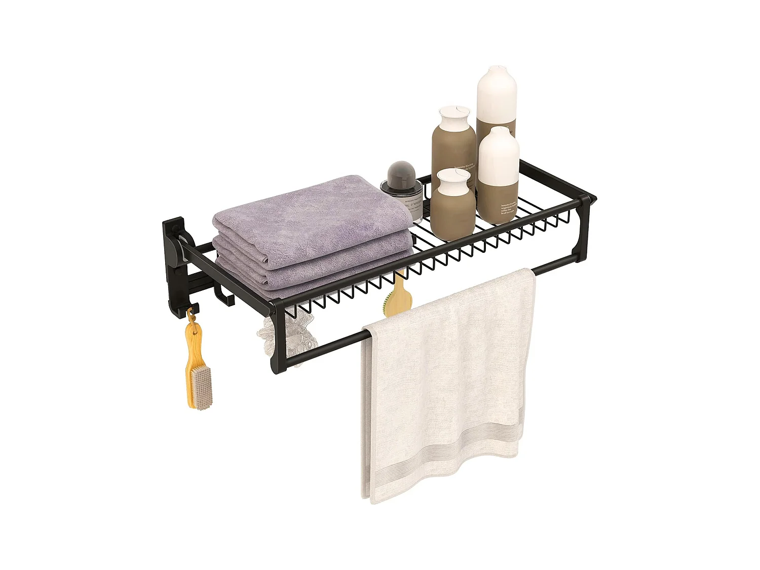 Handdoekhouder inklapbaar, handdoekrek zonder boren, handdoekstang, wandgemonteerd met 9 beweegbare haken en plank,voor badkamer, keuken, 59,5 x 26 x 14 cm