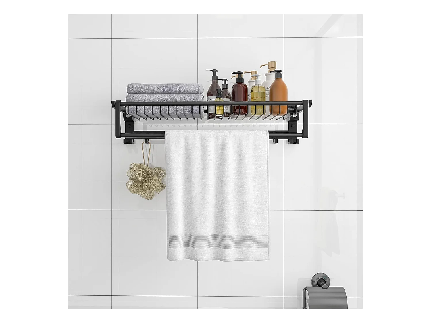 Handdoekhouder inklapbaar, handdoekrek zonder boren, handdoekstang, wandgemonteerd met 9 beweegbare haken en plank,voor badkamer, keuken, 59,5 x 26 x 14 cm