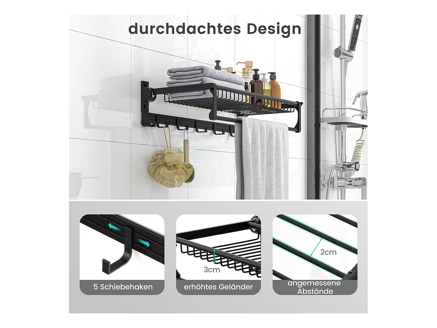 Handdoekhouder inklapbaar, handdoekrek zonder boren, handdoekstang, wandgemonteerd met 9 beweegbare haken en plank,voor badkamer, keuken, 59,5 x 26 x 14 cm