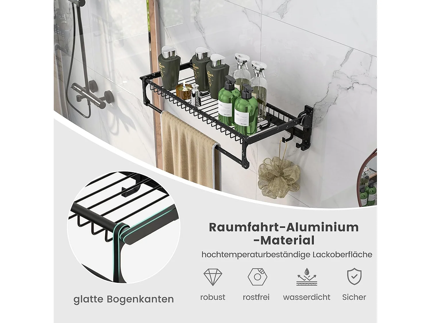 Handdoekhouder inklapbaar, handdoekrek zonder boren, handdoekstang, wandgemonteerd met 9 beweegbare haken en plank,voor badkamer, keuken, 59,5 x 26 x 14 cm