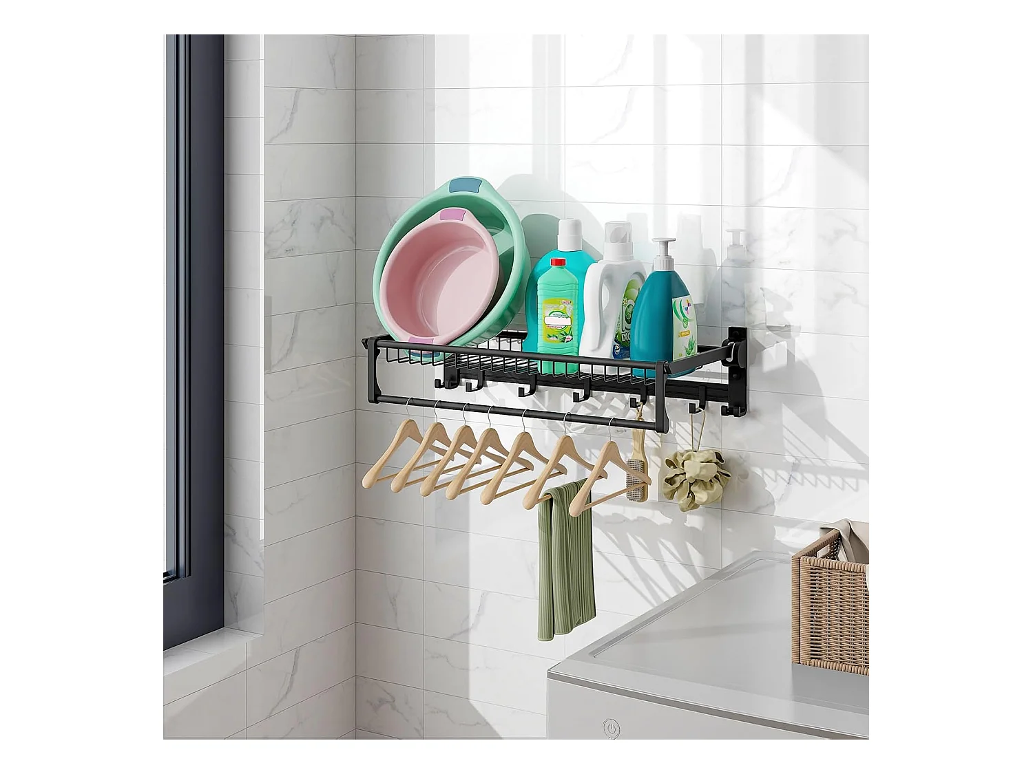 Handdoekhouder inklapbaar, handdoekrek zonder boren, handdoekstang, wandgemonteerd met 9 beweegbare haken en plank,voor badkamer, keuken, 59,5 x 26 x 14 cm