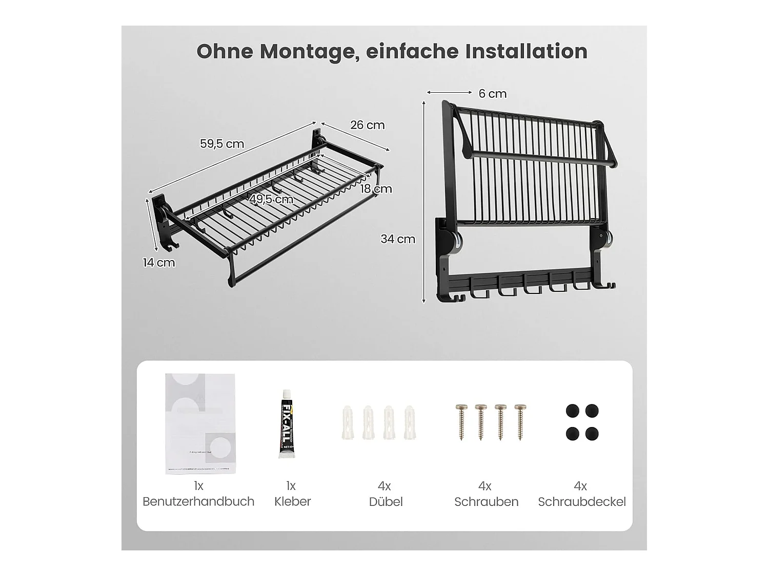 Handdoekhouder inklapbaar, handdoekrek zonder boren, handdoekstang, wandgemonteerd met 9 beweegbare haken en plank,voor badkamer, keuken, 59,5 x 26 x 14 cm