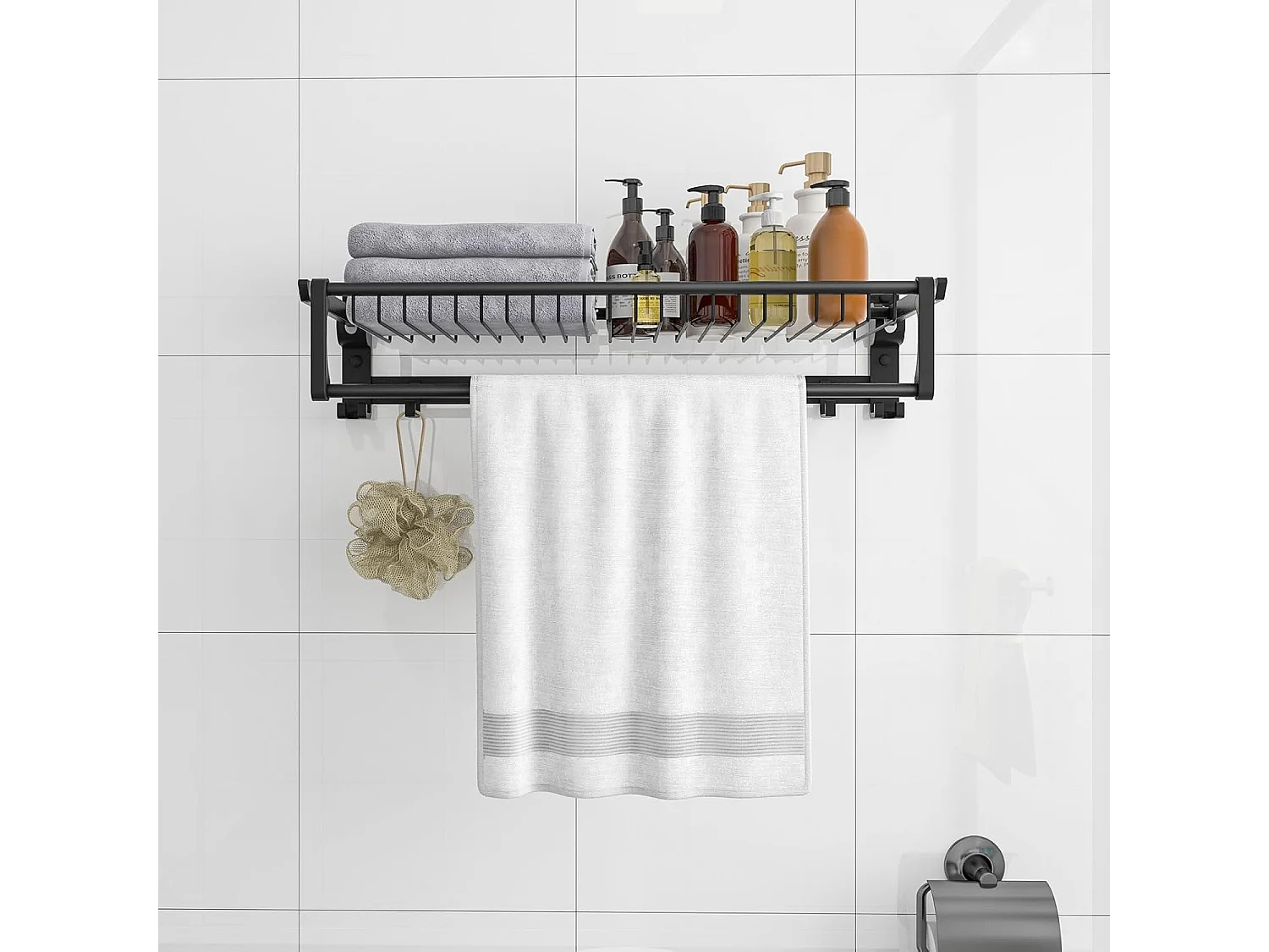 Handdoekhouder inklapbaar, handdoekrek zonder boren, handdoekstang, wandgemonteerd met 9 beweegbare haken en plank,voor badkamer, keuken, 59,5 x 26 x 14 cm