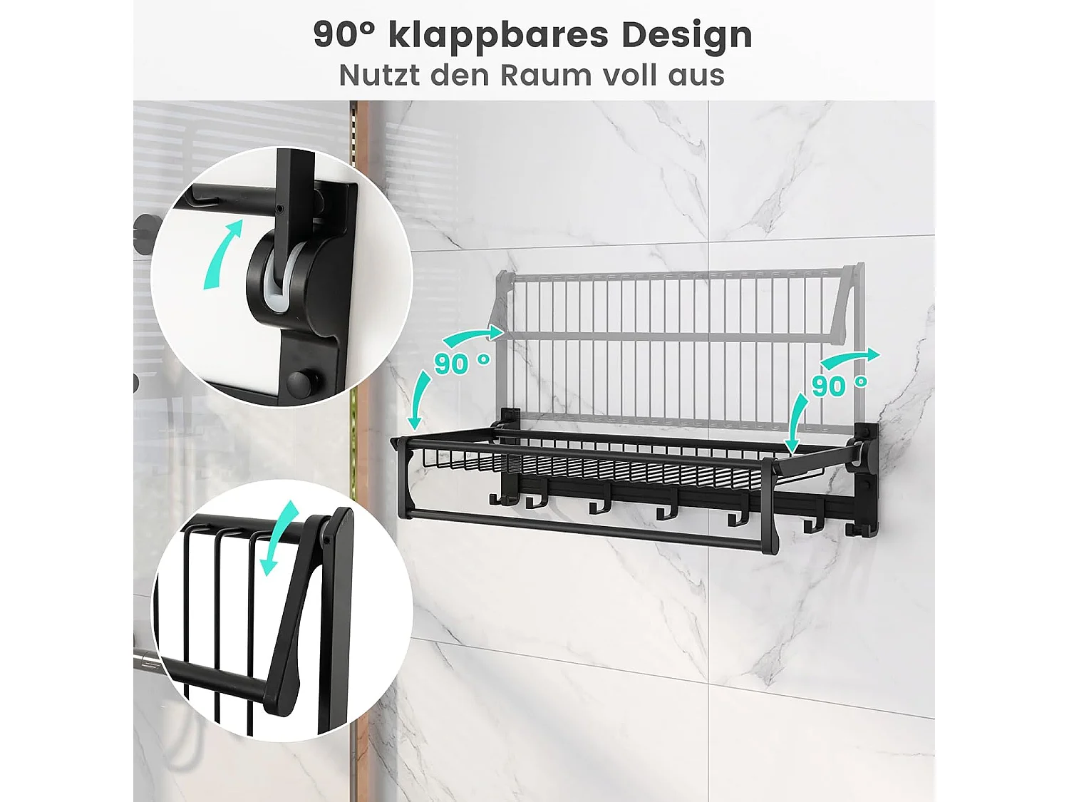 Handdoekhouder inklapbaar, handdoekrek zonder boren, handdoekstang, wandgemonteerd met 9 beweegbare haken en plank,voor badkamer, keuken, 59,5 x 26 x 14 cm