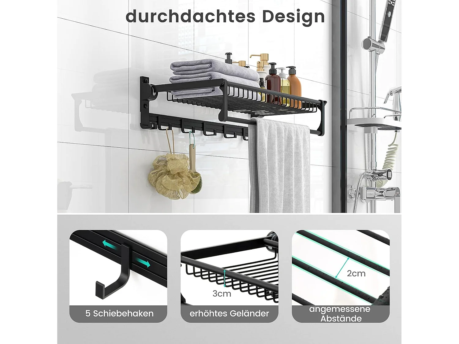 Handdoekhouder inklapbaar, handdoekrek zonder boren, handdoekstang, wandgemonteerd met 9 beweegbare haken en plank,voor badkamer, keuken, 59,5 x 26 x 14 cm