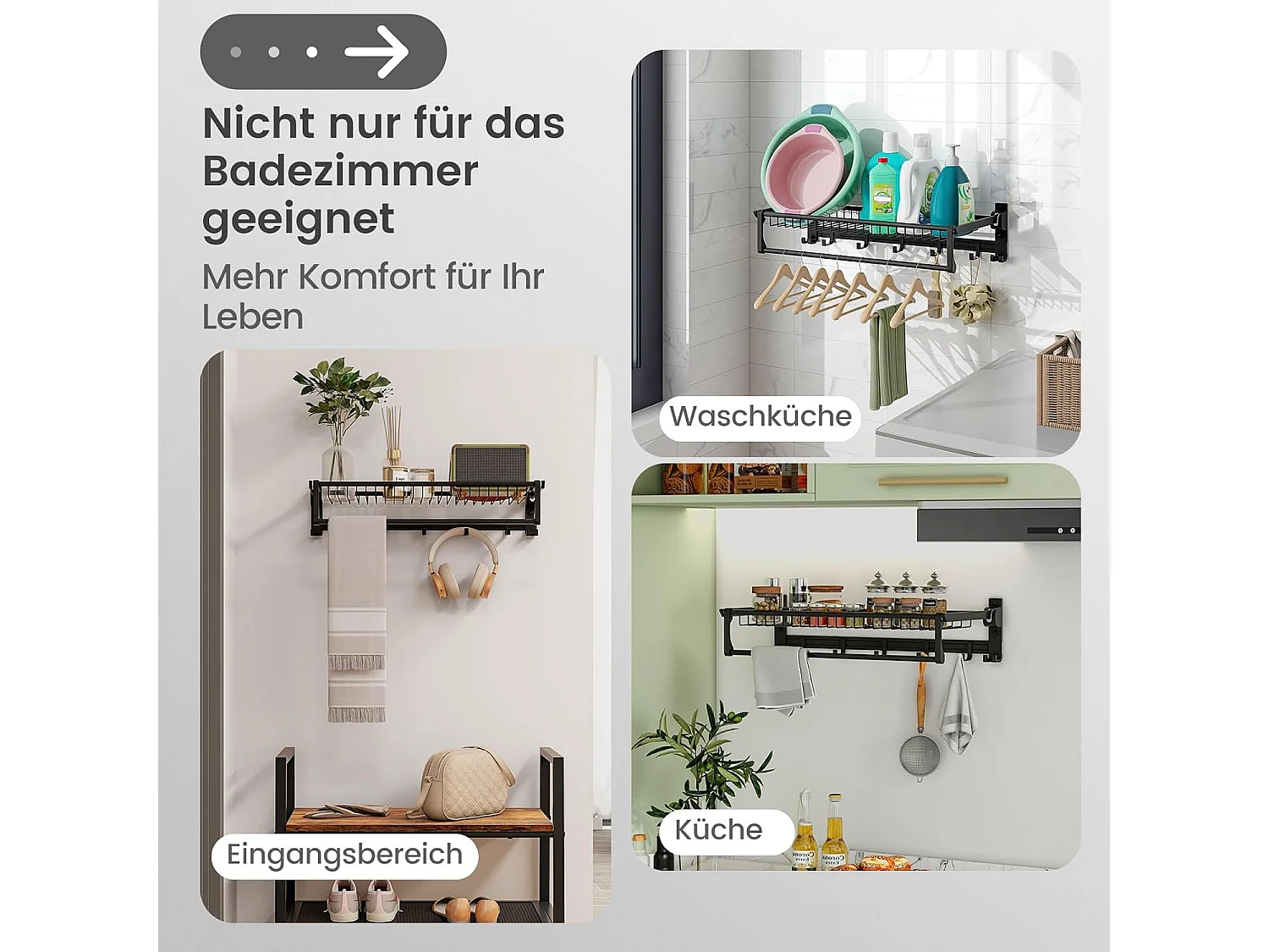 Handdoekhouder inklapbaar, handdoekrek zonder boren, handdoekstang, wandgemonteerd met 9 beweegbare haken en plank,voor badkamer, keuken, 59,5 x 26 x 14 cm