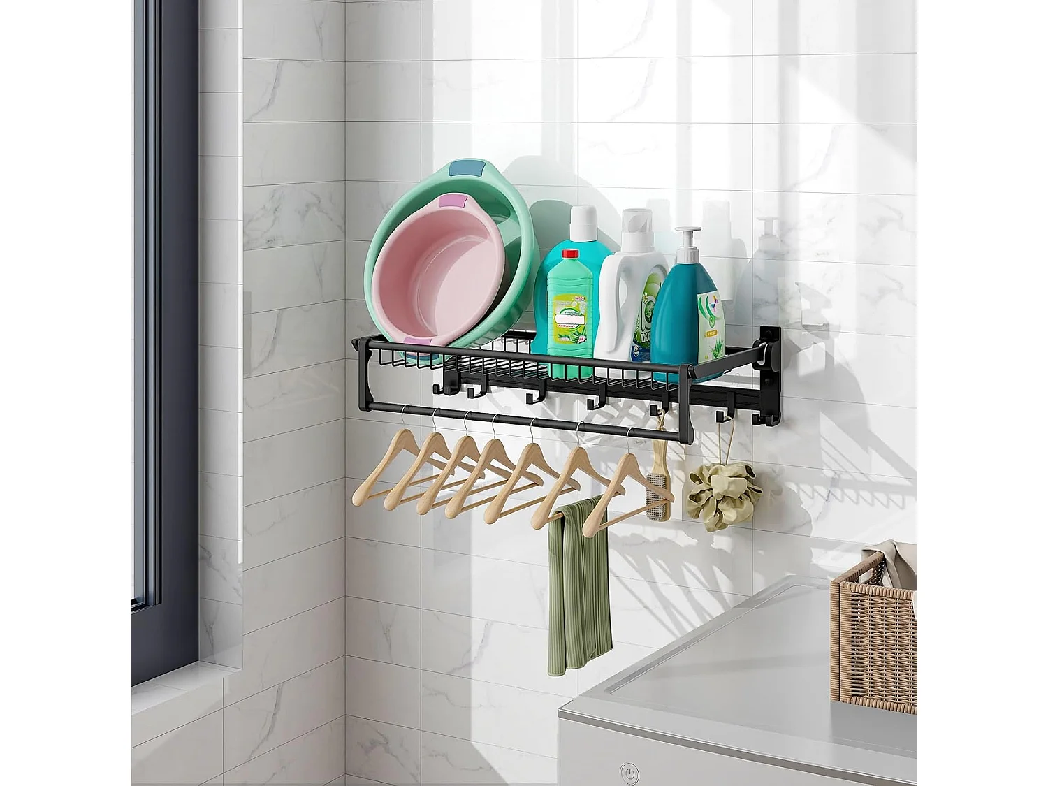 Handdoekhouder inklapbaar, handdoekrek zonder boren, handdoekstang, wandgemonteerd met 9 beweegbare haken en plank,voor badkamer, keuken, 59,5 x 26 x 14 cm