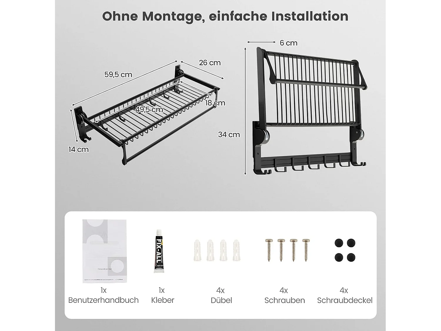 Handdoekhouder inklapbaar, handdoekrek zonder boren, handdoekstang, wandgemonteerd met 9 beweegbare haken en plank,voor badkamer, keuken, 59,5 x 26 x 14 cm