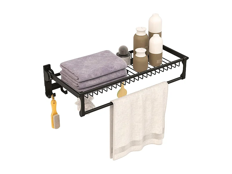 Handdoekhouder inklapbaar, handdoekrek zonder boren, handdoekstang, wandgemonteerd met 9 beweegbare haken en plank,voor badkamer, keuken, 59,5 x 26 x 14 cm