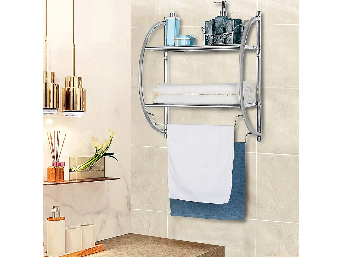Handdoekhouder wandmontage, handdoekstang met 2 planken, handdoekenrek, badhanddoekstang, handdoekenrek, badkamerrek, wandrek, ijzerTI71466