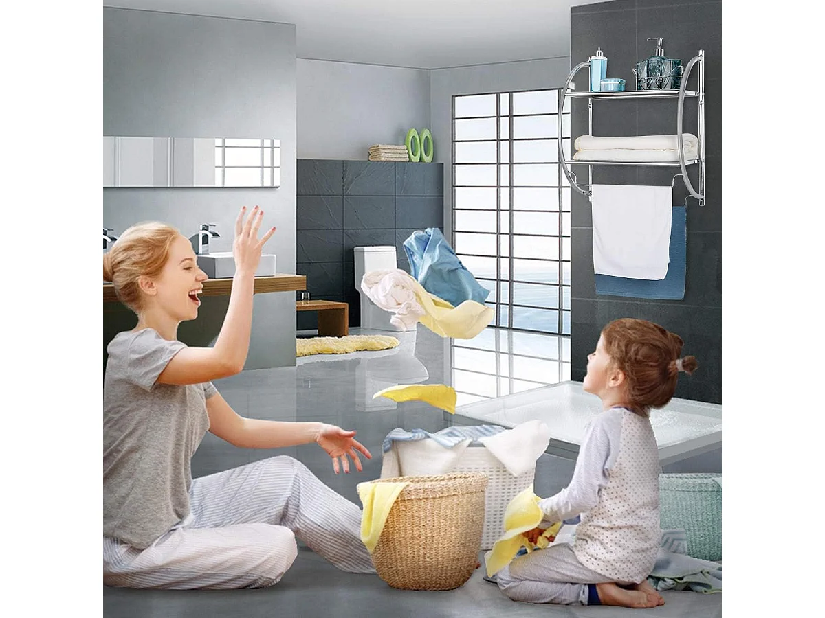 Handdoekhouder wandmontage, handdoekstang met 2 planken, handdoekenrek, badhanddoekstang, handdoekenrek, badkamerrek, wandrek, ijzerTI71466