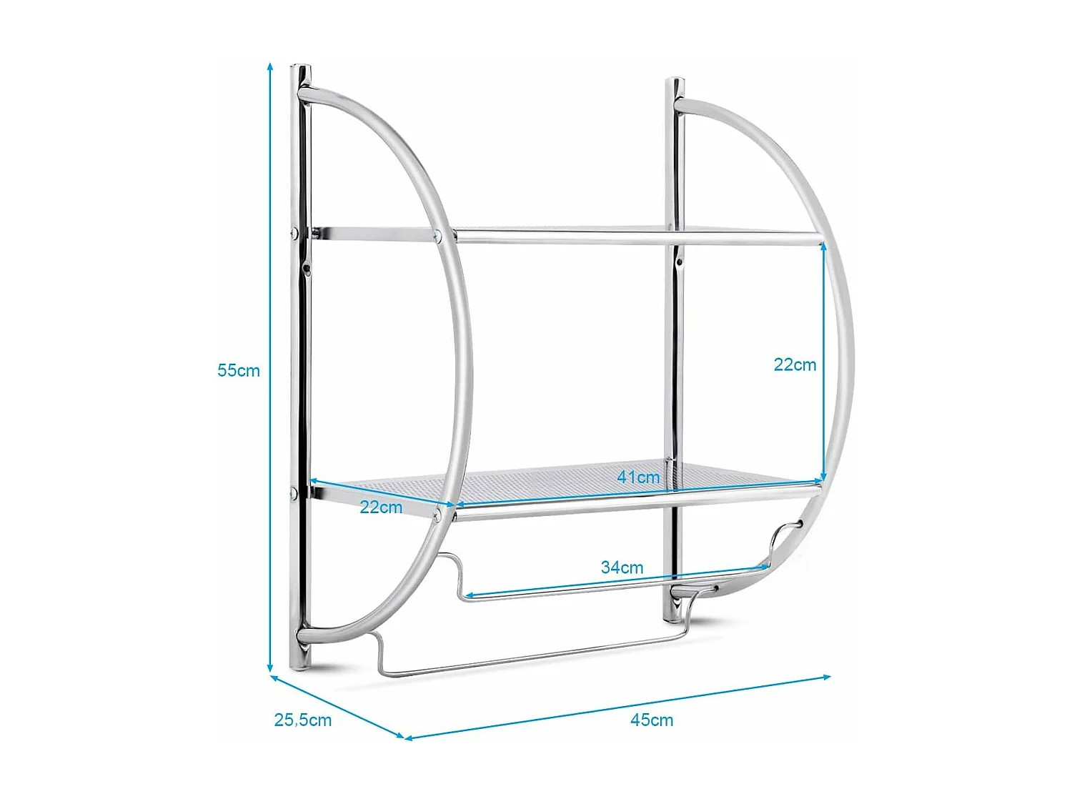 Handdoekhouder wandmontage, handdoekstang met 2 planken, handdoekenrek, badhanddoekstang, handdoekenrek, badkamerrek, wandrek, ijzerTI71466