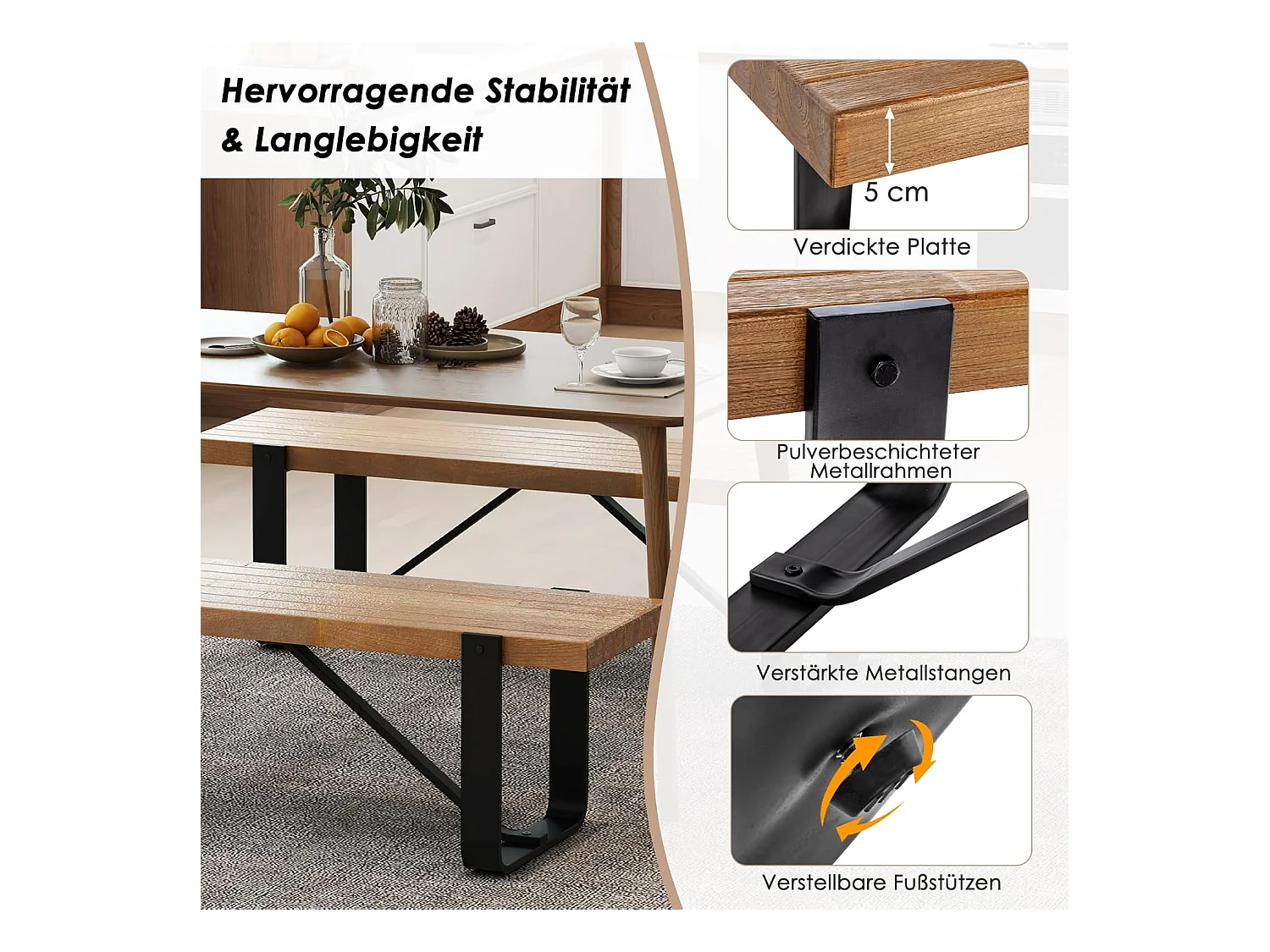 Eetkamerbank, 152,5 cm, 2-3-zits, houten bank met metalen frame, zitbank voor eetkamer tot 300 kg belastbaar, ideaal voor inrichting in de boerderij,retroVH32100