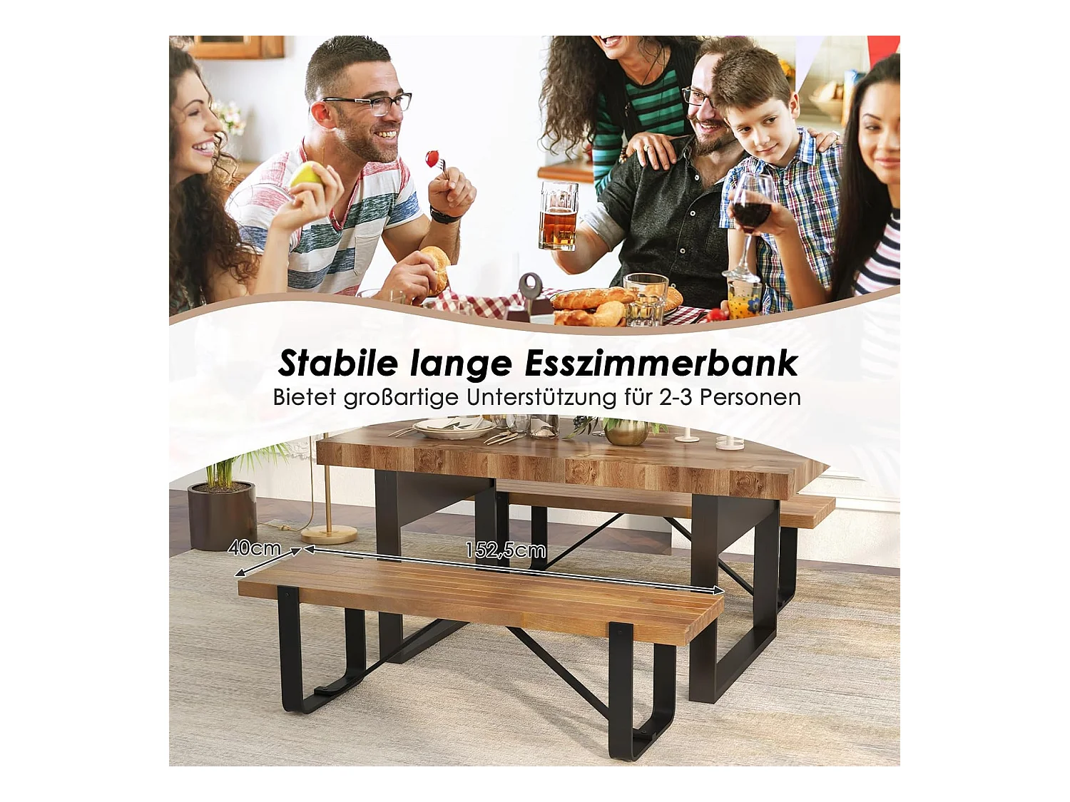 Eetkamerbank, 152,5 cm, 2-3-zits, houten bank met metalen frame, zitbank voor eetkamer tot 300 kg belastbaar, ideaal voor inrichting in de boerderij,retroVH32100