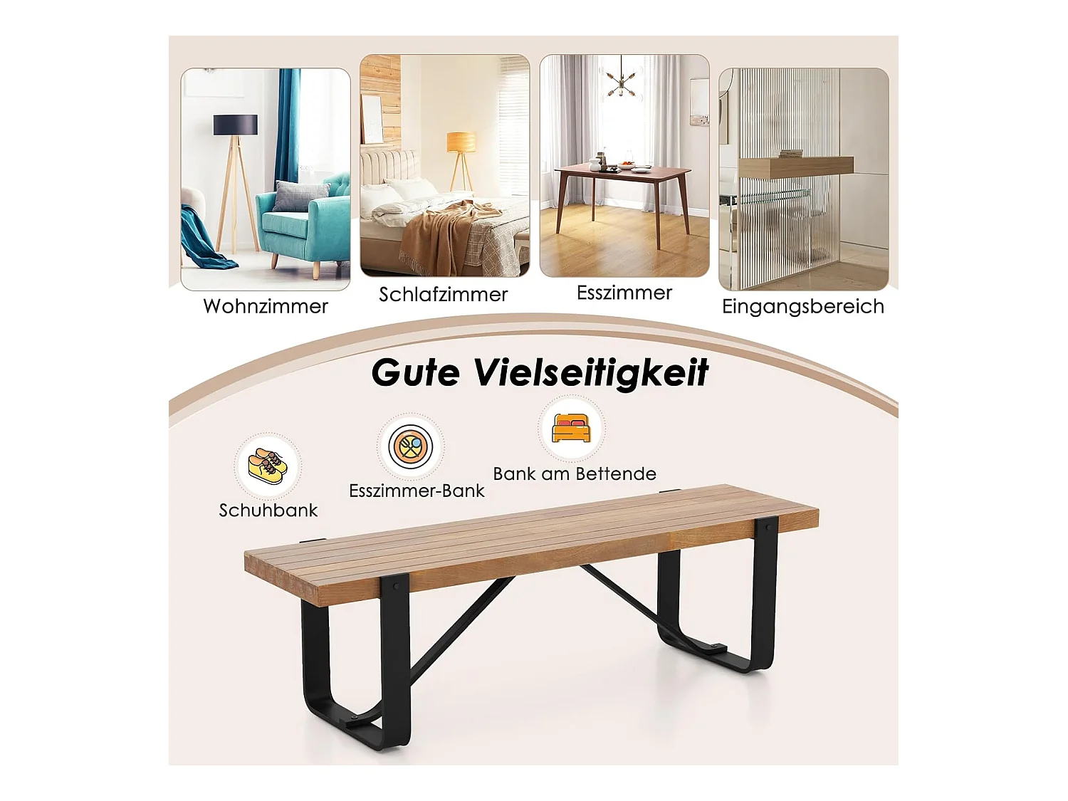 Eetkamerbank, 152,5 cm, 2-3-zits, houten bank met metalen frame, zitbank voor eetkamer tot 300 kg belastbaar, ideaal voor inrichting in de boerderij,retroVH32100