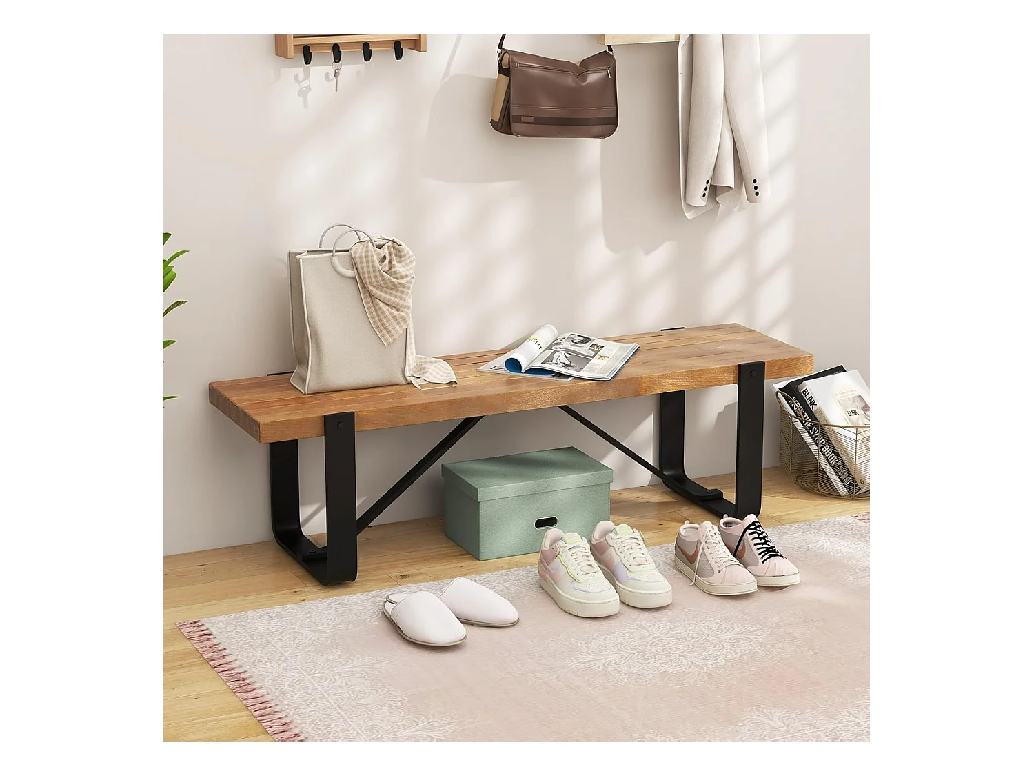 Eetkamerbank, 152,5 cm, 2-3-zits, houten bank met metalen frame, zitbank voor eetkamer tot 300 kg belastbaar, ideaal voor inrichting in de boerderij,retroVH32100