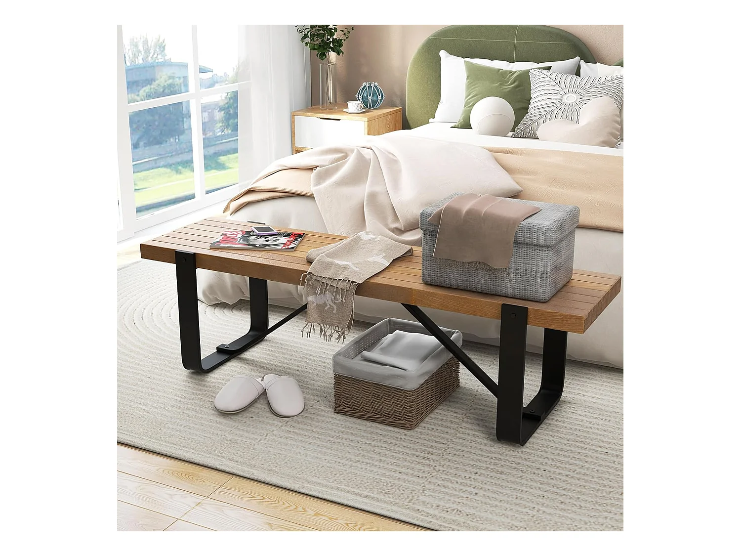 Eetkamerbank, 152,5 cm, 2-3-zits, houten bank met metalen frame, zitbank voor eetkamer tot 300 kg belastbaar, ideaal voor inrichting in de boerderij,retroVH32100