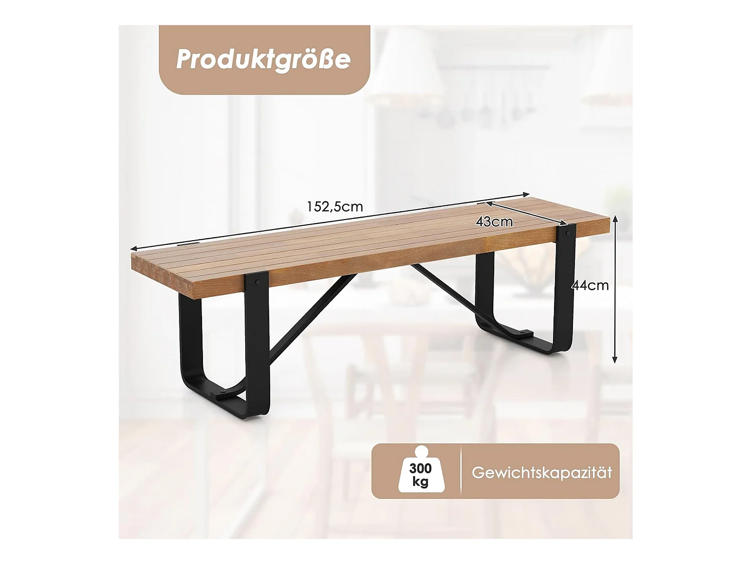Eetkamerbank, 152,5 cm, 2-3-zits, houten bank met metalen frame, zitbank voor eetkamer tot 300 kg belastbaar, ideaal voor inrichting in de boerderij,retroVH32100