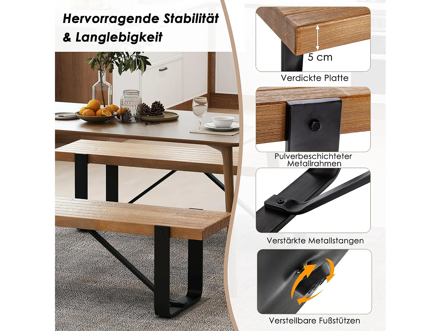 Eetkamerbank, 152,5 cm, 2-3-zits, houten bank met metalen frame, zitbank voor eetkamer tot 300 kg belastbaar, ideaal voor inrichting in de boerderij,retroVH32100