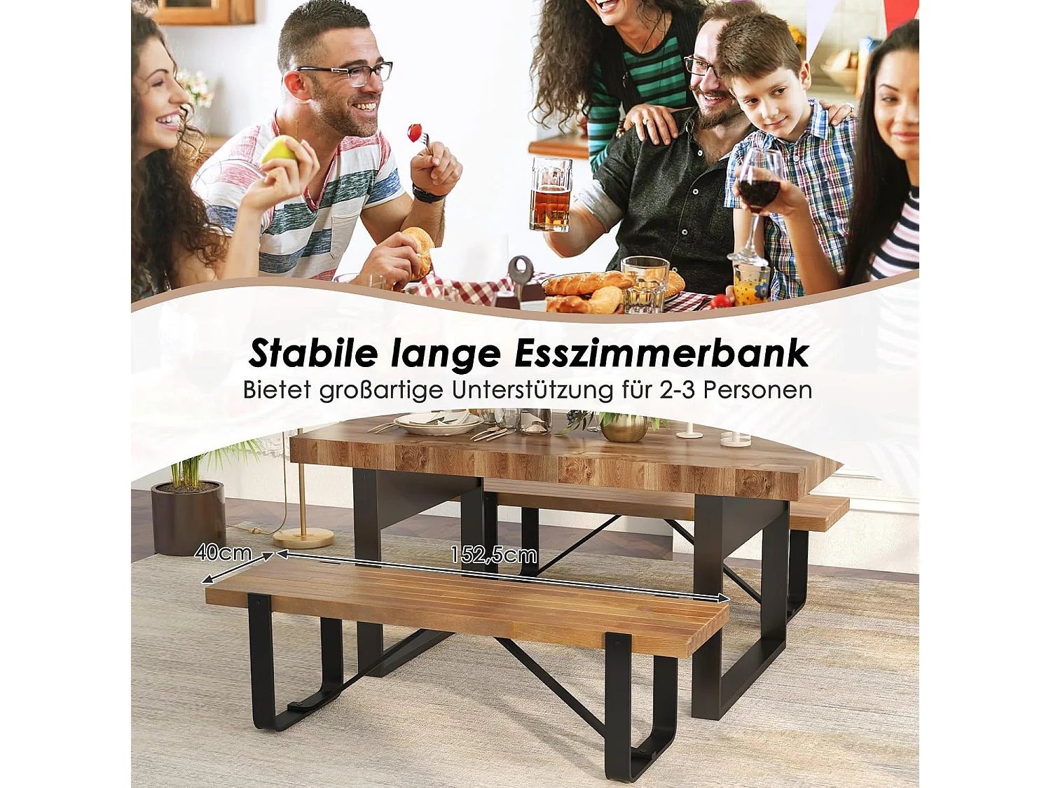 Eetkamerbank, 152,5 cm, 2-3-zits, houten bank met metalen frame, zitbank voor eetkamer tot 300 kg belastbaar, ideaal voor inrichting in de boerderij,retroVH32100