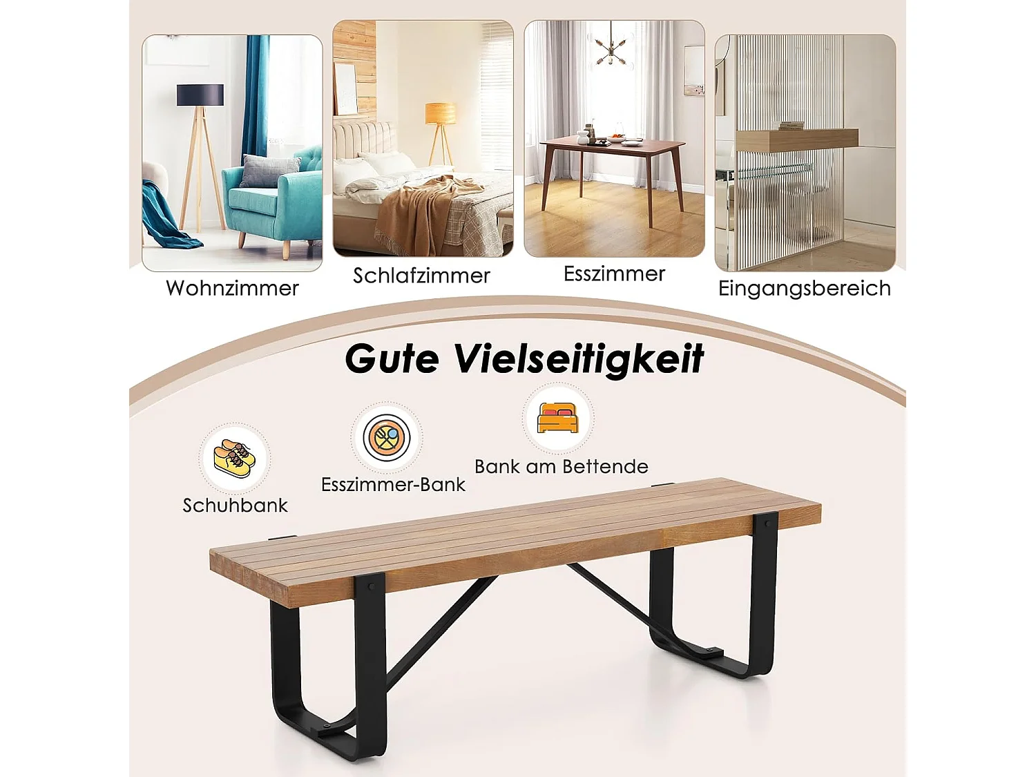 Eetkamerbank, 152,5 cm, 2-3-zits, houten bank met metalen frame, zitbank voor eetkamer tot 300 kg belastbaar, ideaal voor inrichting in de boerderij,retroVH32100