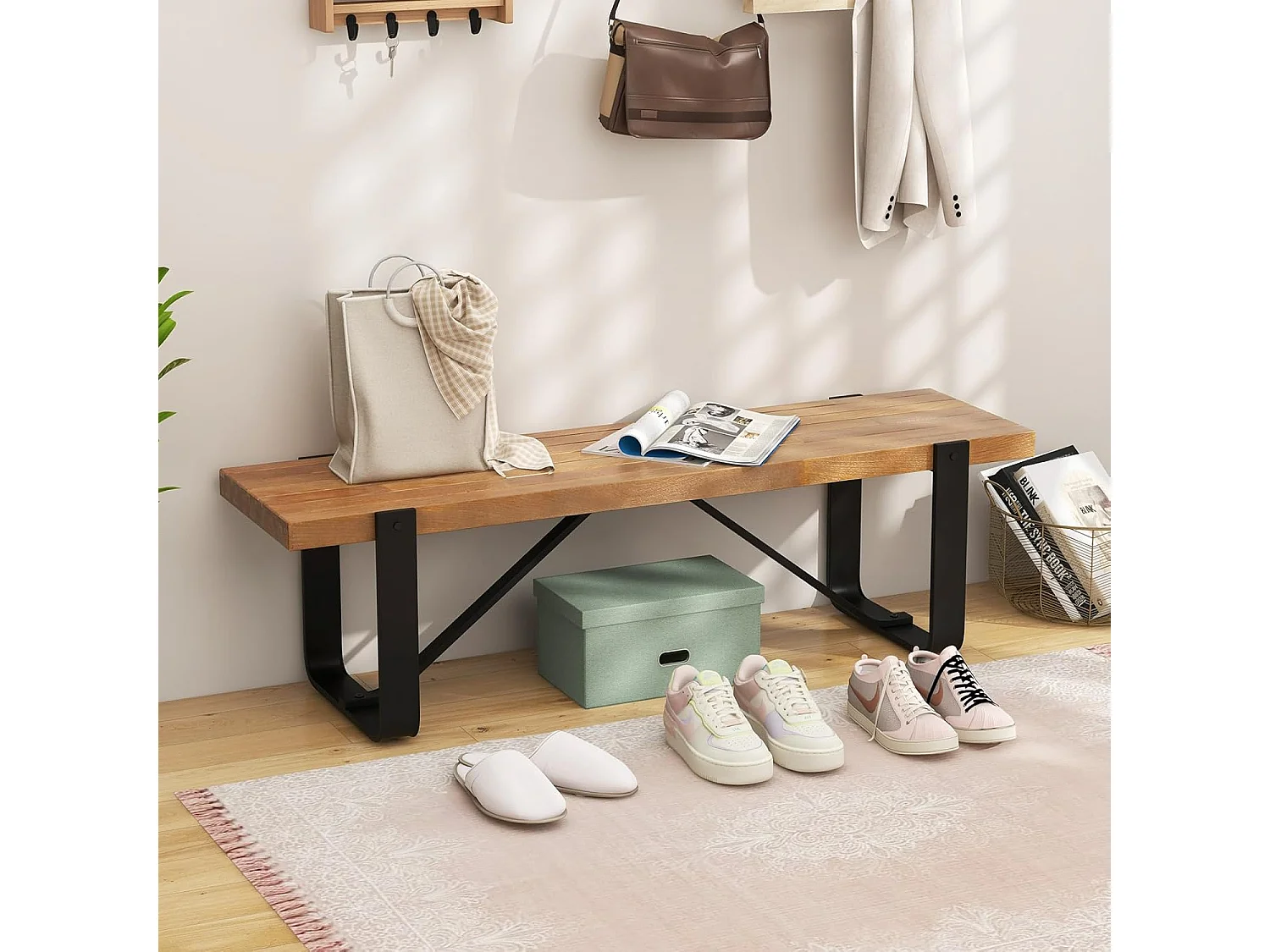 Eetkamerbank, 152,5 cm, 2-3-zits, houten bank met metalen frame, zitbank voor eetkamer tot 300 kg belastbaar, ideaal voor inrichting in de boerderij,retroVH32100