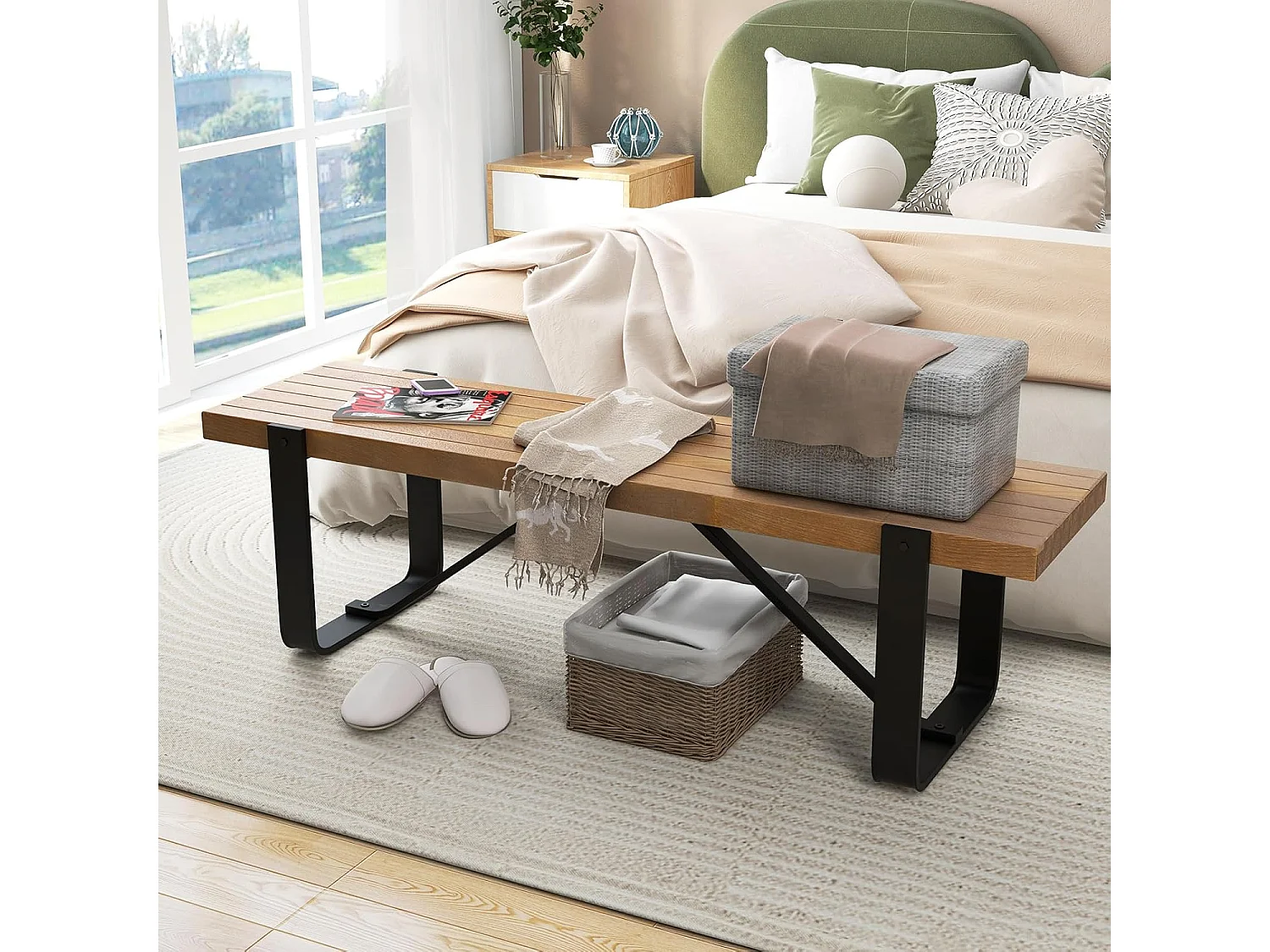 Eetkamerbank, 152,5 cm, 2-3-zits, houten bank met metalen frame, zitbank voor eetkamer tot 300 kg belastbaar, ideaal voor inrichting in de boerderij,retroVH32100