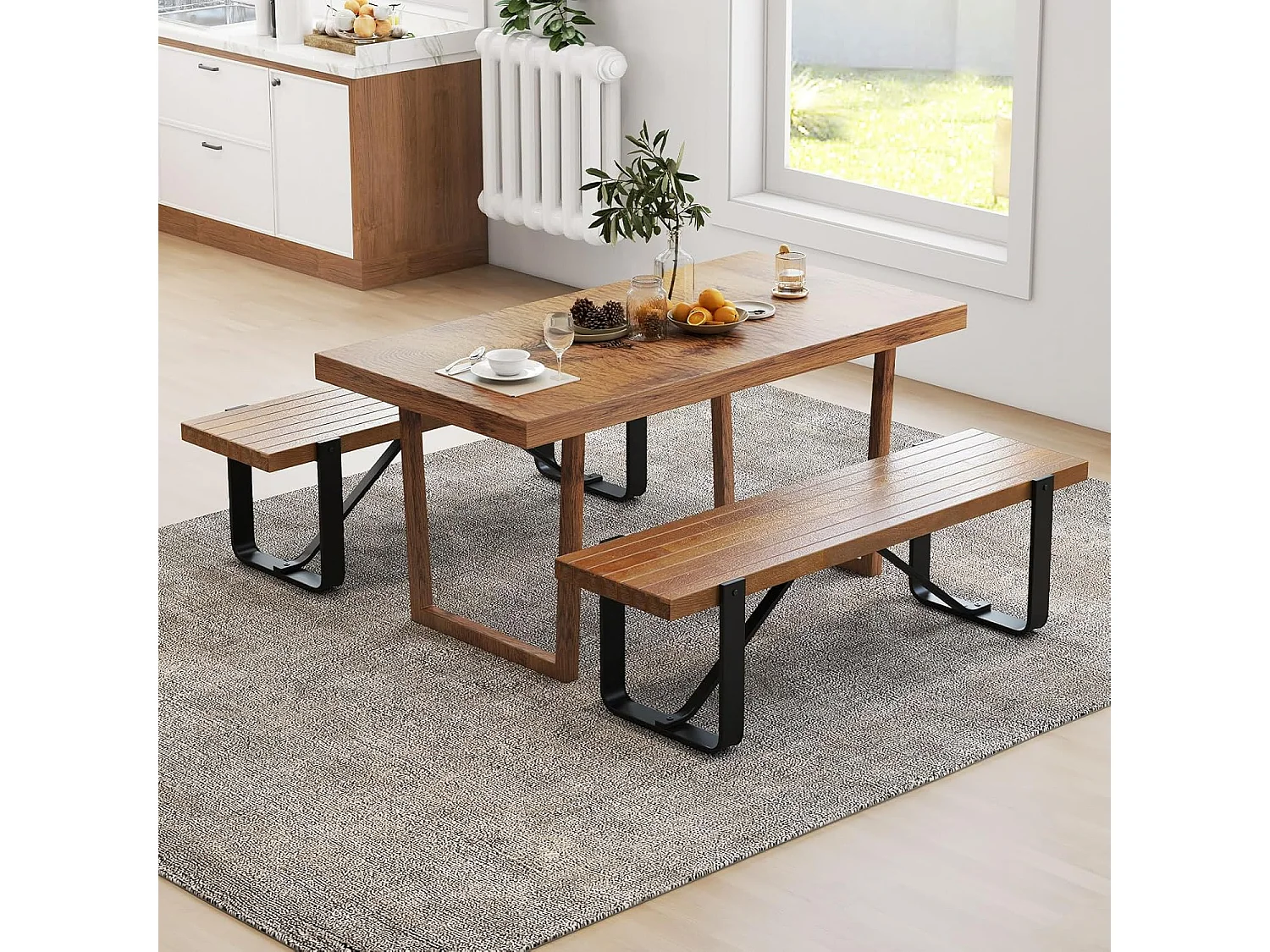 Eetkamerbank, 152,5 cm, 2-3-zits, houten bank met metalen frame, zitbank voor eetkamer tot 300 kg belastbaar, ideaal voor inrichting in de boerderij,retroVH32100