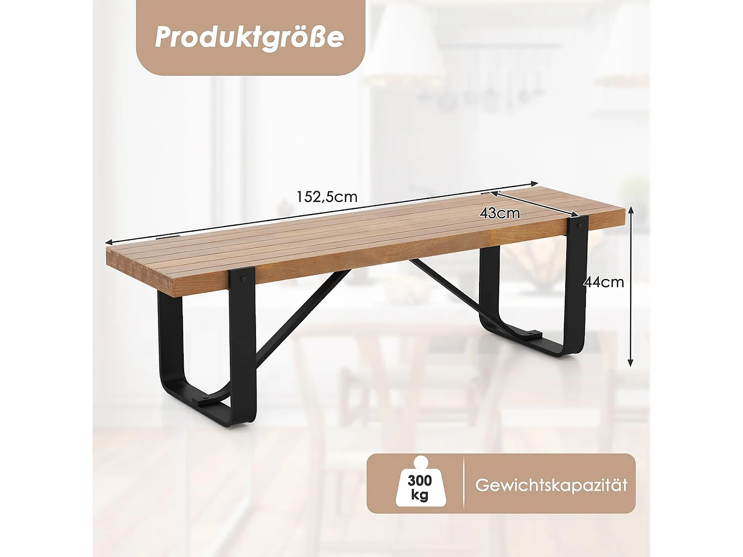 Eetkamerbank, 152,5 cm, 2-3-zits, houten bank met metalen frame, zitbank voor eetkamer tot 300 kg belastbaar, ideaal voor inrichting in de boerderij,retroVH32100