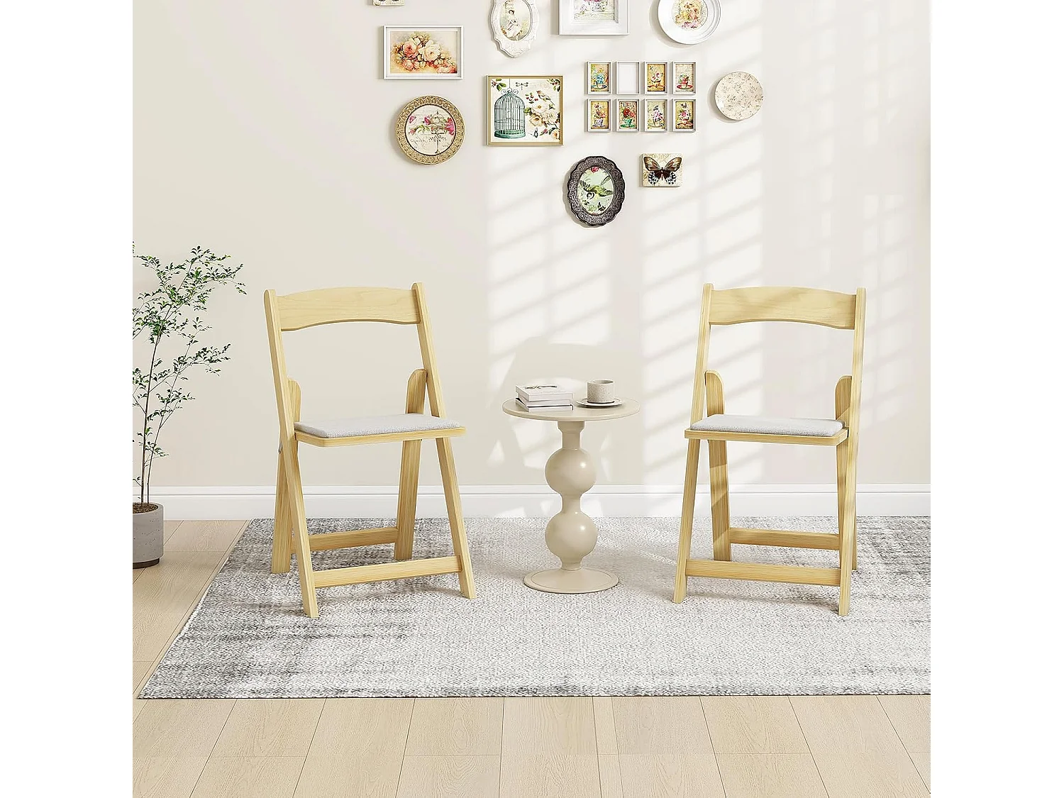 Set van 2 klapstoelen met gevoerde zitting, eetkamerstoelen, inklapbaar, keukenstoelen van rubberhout, draagbare eetstoelen voor eetkamer, tuin