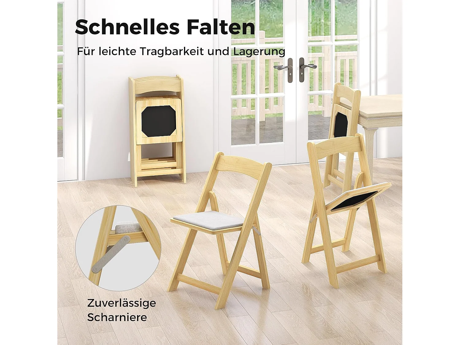 Set van 2 klapstoelen met gevoerde zitting, eetkamerstoelen, inklapbaar, keukenstoelen van rubberhout, draagbare eetstoelen voor eetkamer, tuin