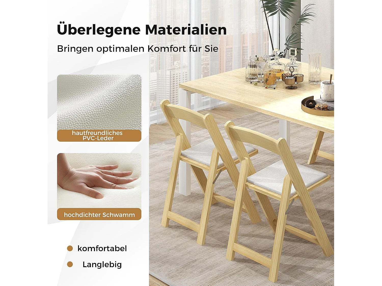 Set van 2 klapstoelen met gevoerde zitting, eetkamerstoelen, inklapbaar, keukenstoelen van rubberhout, draagbare eetstoelen voor eetkamer, tuin