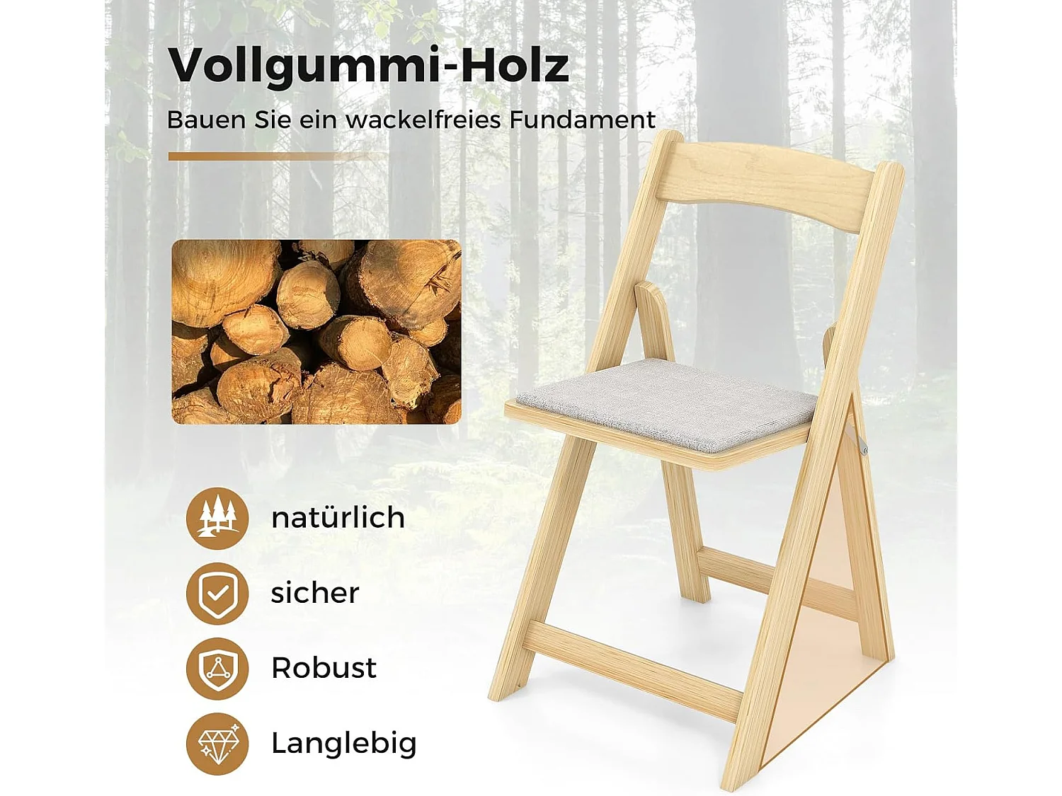 Set van 2 klapstoelen met gevoerde zitting, eetkamerstoelen, inklapbaar, keukenstoelen van rubberhout, draagbare eetstoelen voor eetkamer, tuin