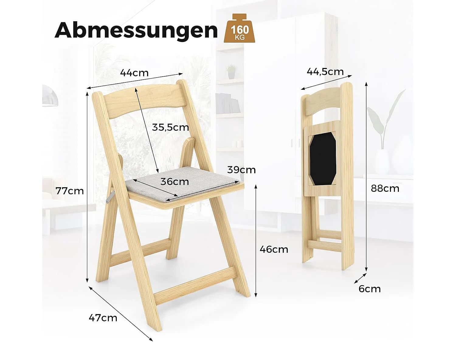 Set van 2 klapstoelen met gevoerde zitting, eetkamerstoelen, inklapbaar, keukenstoelen van rubberhout, draagbare eetstoelen voor eetkamer, tuin