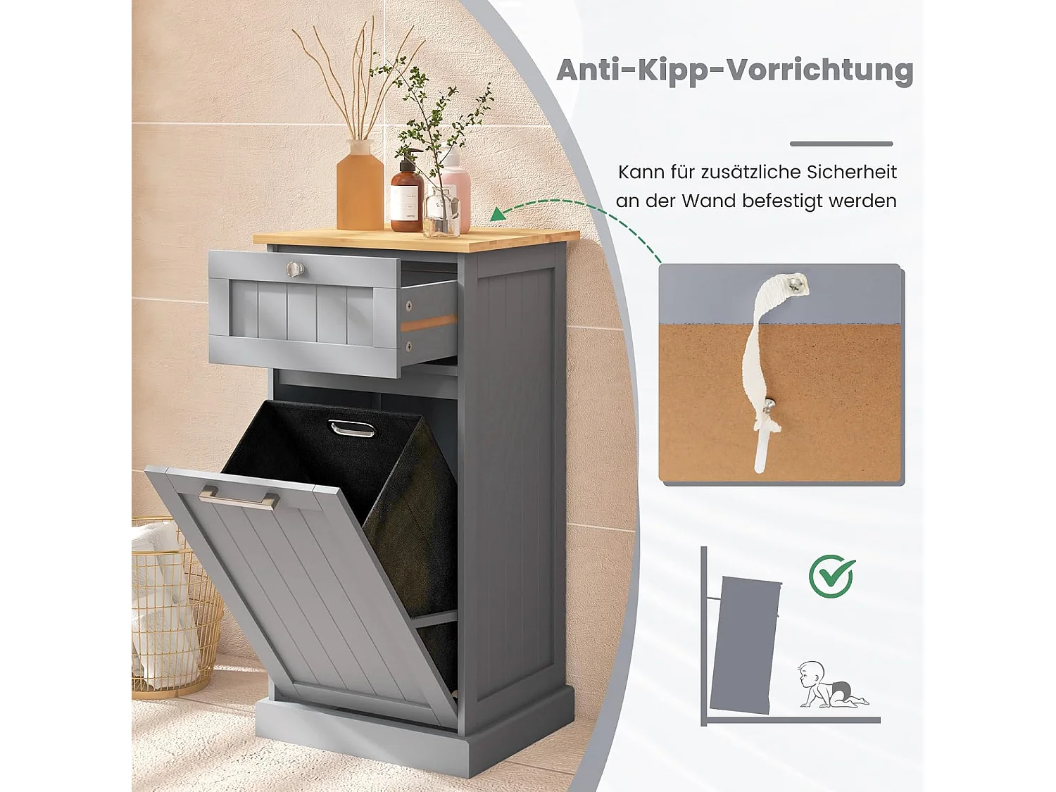 Waskast met wasmand, wasverzamelaar met lade, tafelblad van bamboe, badkamerkast, badkamerkast voor badkamer, bijkeuken, 40 x 37 x 82 cm (zwart)TH32647