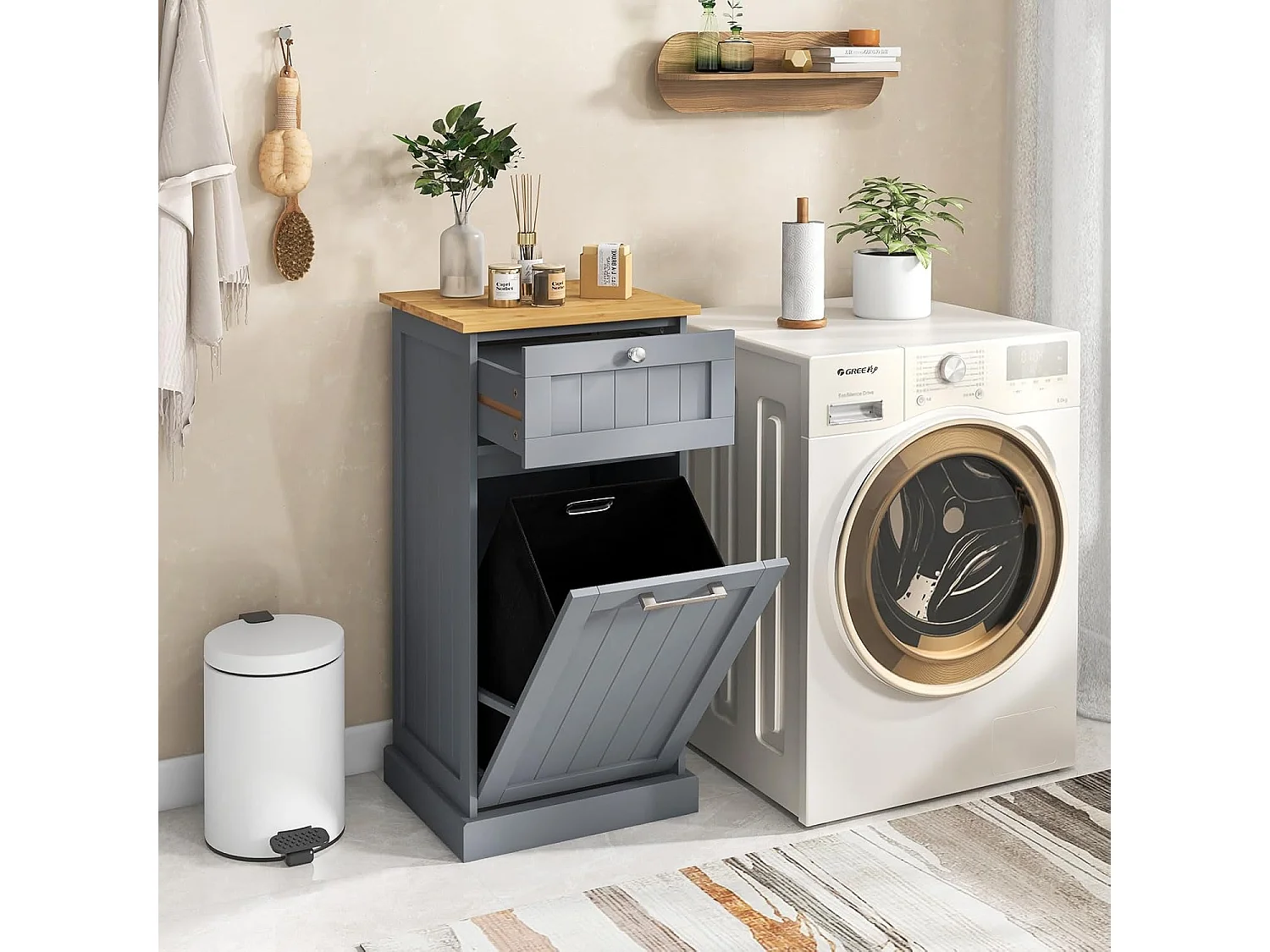 Waskast met wasmand, wasverzamelaar met lade, tafelblad van bamboe, badkamerkast, badkamerkast voor badkamer, bijkeuken, 40 x 37 x 82 cm (zwart)TH32647