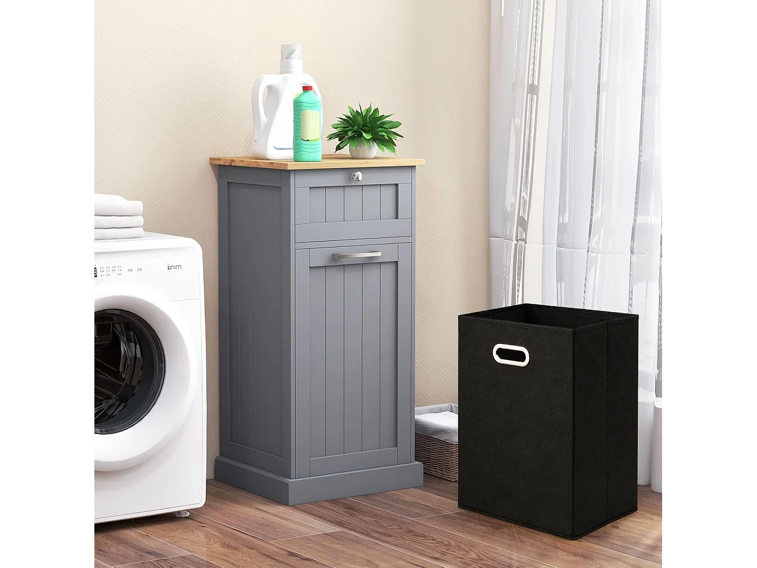 Waskast met wasmand, wasverzamelaar met lade, tafelblad van bamboe, badkamerkast, badkamerkast voor badkamer, bijkeuken, 40 x 37 x 82 cm (zwart)TH32647