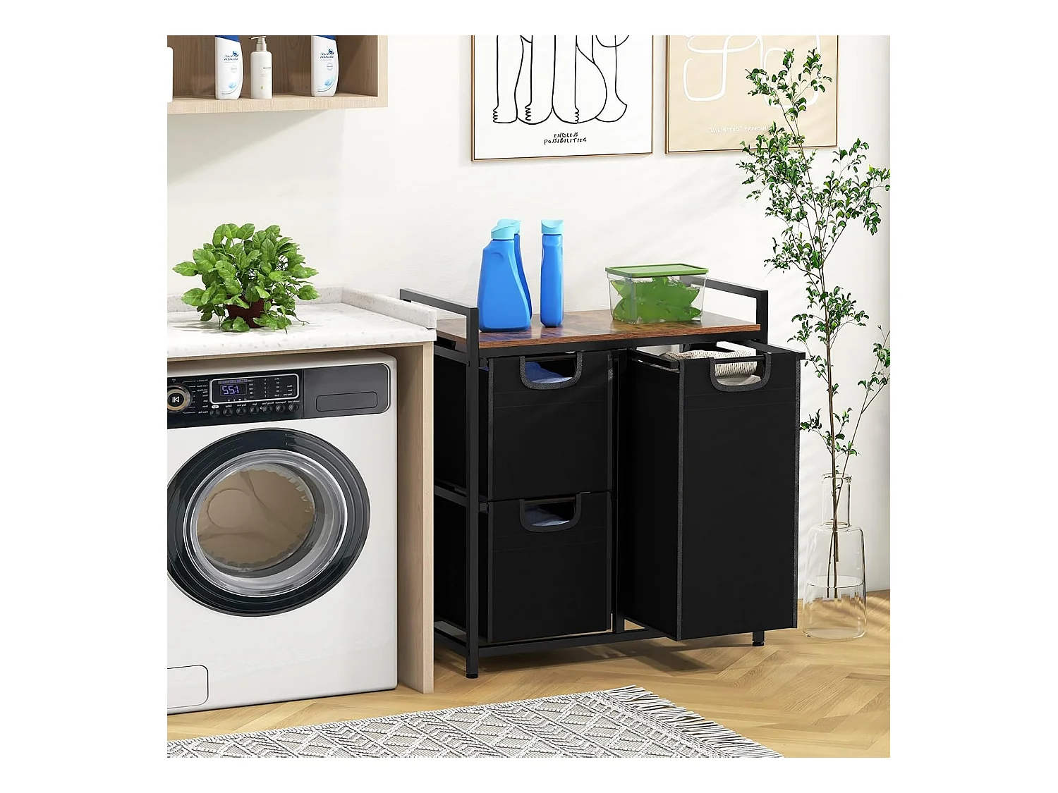 Wasmand, 3 vakken, wasverzamelaar met plank, 75 l, wassorteerder met 3 afneembare vakken en metalen frame, uittrekbaar voor bijkeuken, badkamer(3 vakken)VL32390