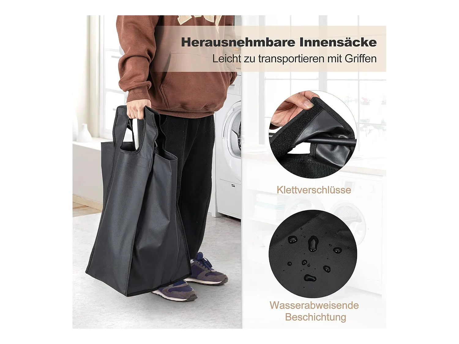 Wasmand, 3 vakken, wasverzamelaar met plank, 75 l, wassorteerder met 3 afneembare vakken en metalen frame, uittrekbaar voor bijkeuken, badkamer(3 vakken)VL32390