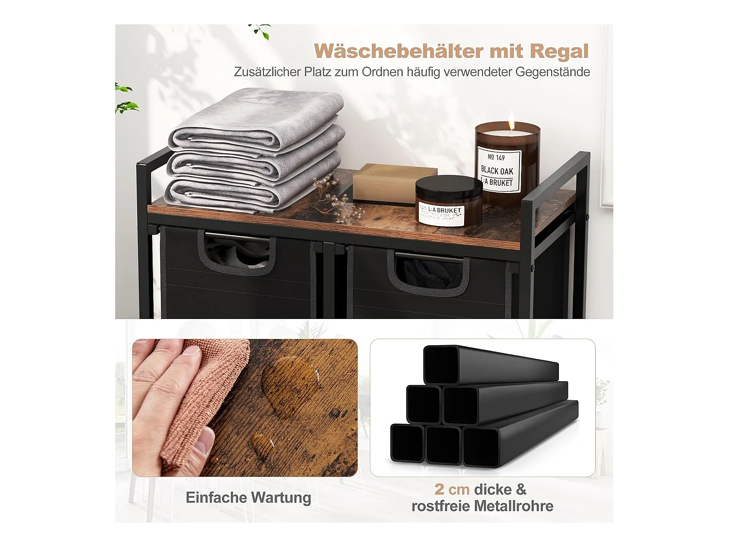 Wasmand, 3 vakken, wasverzamelaar met plank, 75 l, wassorteerder met 3 afneembare vakken en metalen frame, uittrekbaar voor bijkeuken, badkamer(3 vakken)VL32390