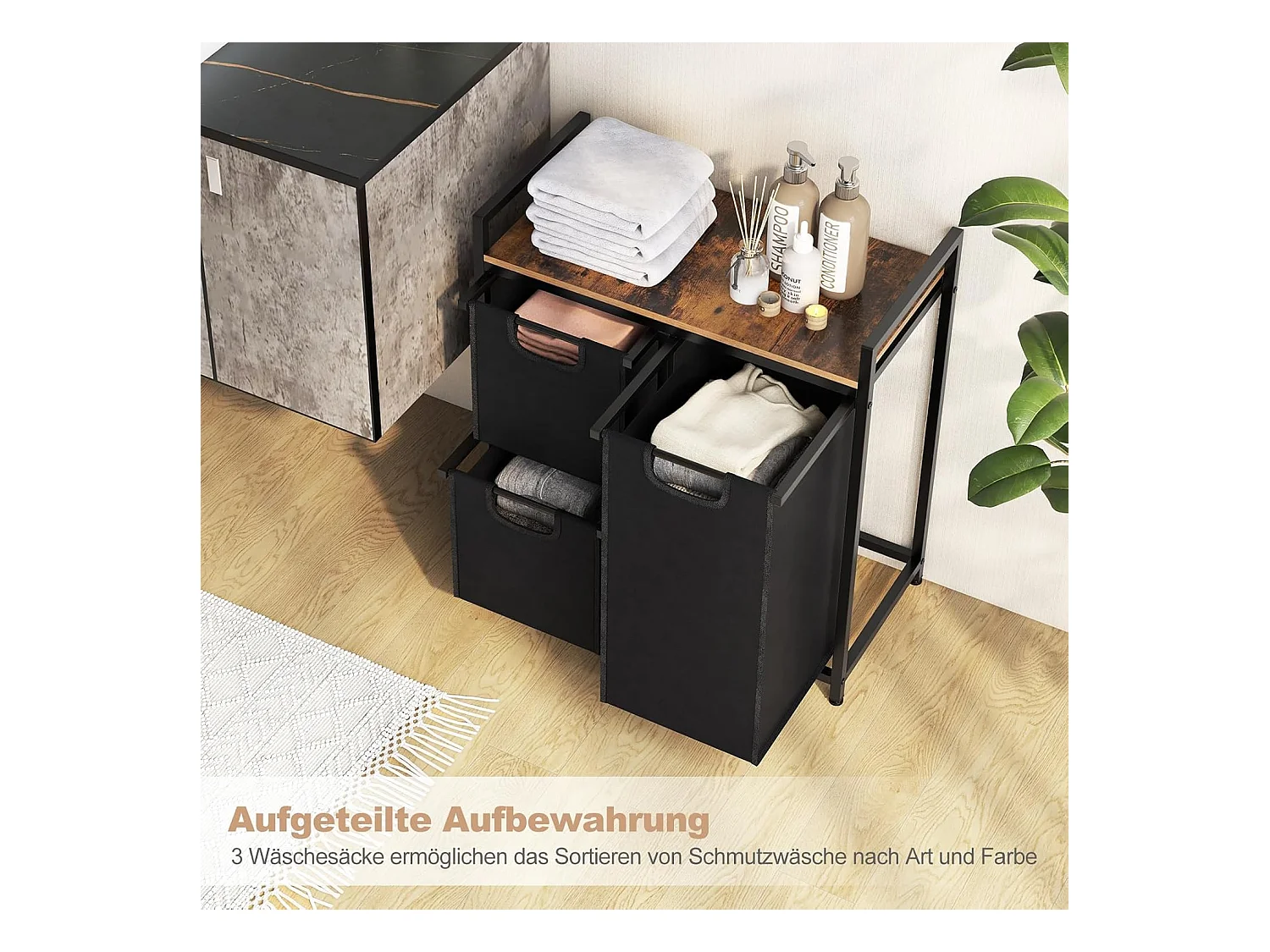 Wasmand, 3 vakken, wasverzamelaar met plank, 75 l, wassorteerder met 3 afneembare vakken en metalen frame, uittrekbaar voor bijkeuken, badkamer(3 vakken)VL32390