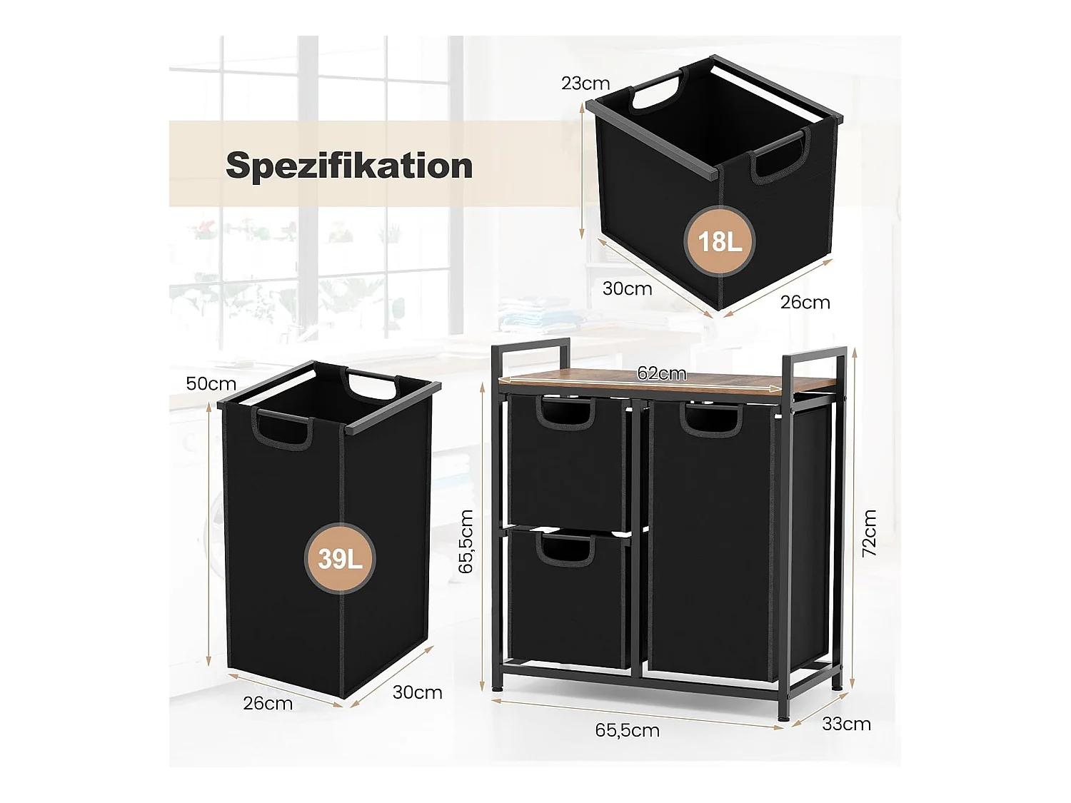 Wasmand, 3 vakken, wasverzamelaar met plank, 75 l, wassorteerder met 3 afneembare vakken en metalen frame, uittrekbaar voor bijkeuken, badkamer(3 vakken)VL32390