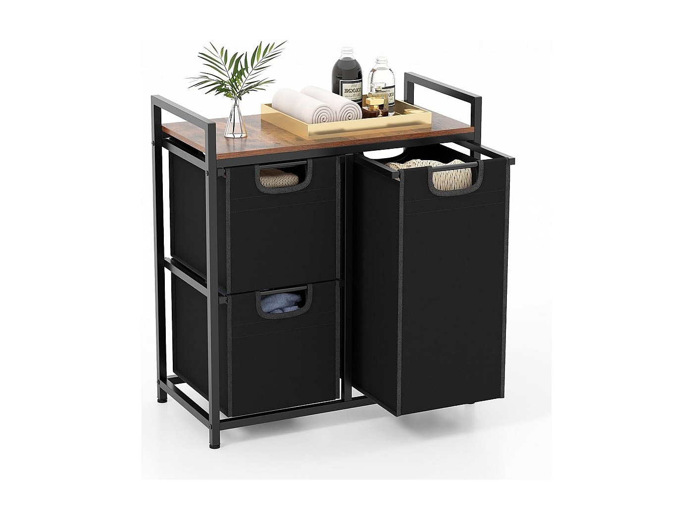 COSTWAY Wasmand met 3 vakken, wasmand met plank, 75 liter